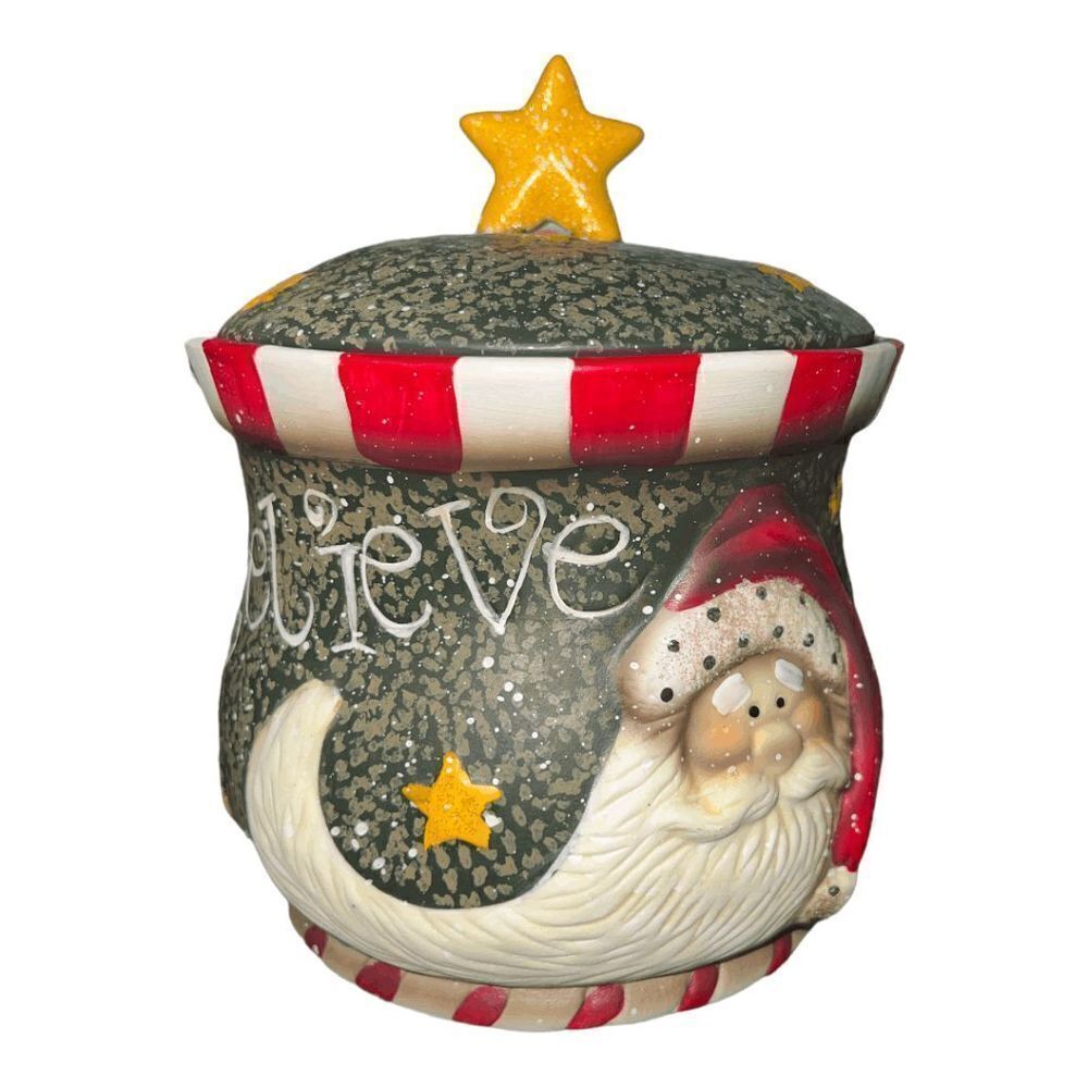 Huntington Hand painted ceramic Santa "Believe" holiday treat jar with glitter s